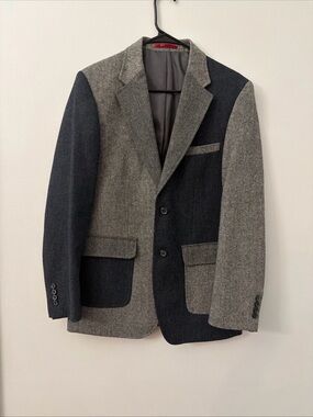 Alan Flusser Mens Colorblock Wool Blend Blazer Sport Coat Herringbone Grey Small